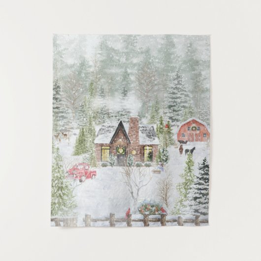 冬のクリスマスの山小屋の風景 タペストリー (正面)