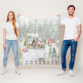 冬のクリスマスの山小屋の風景 フリースブランケット