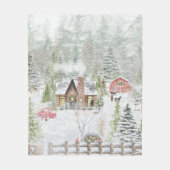 冬のクリスマスの山小屋の風景 フリースブランケット (正面)