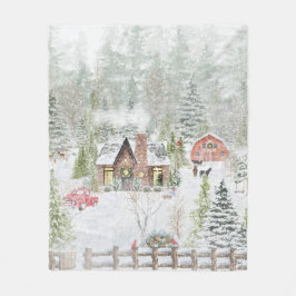 冬のクリスマスの山小屋の風景 フリースブランケット