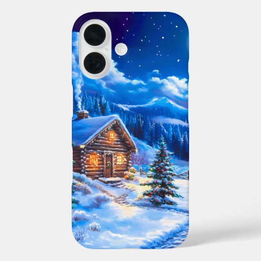 冬のクリスマスの月の夜のログキャビン Case-Mate iPhoneケース (裏面)
