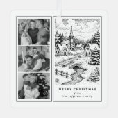 冬のクリスマスの村の家族写真 メタルオーナメント (正面)