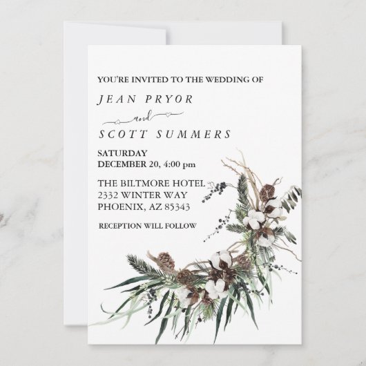 冬のクリスマスの水結婚色の葉 招待状 (正面)