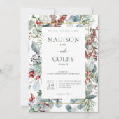 冬のクリスマスの緑の白結婚色 招待状 (正面)