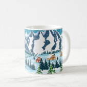 冬のクリスマスの背景。松の木とスズ コーヒーマグカップ (正面右)