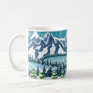 冬のクリスマスの背景。松の木とスズ コーヒーマグカップ