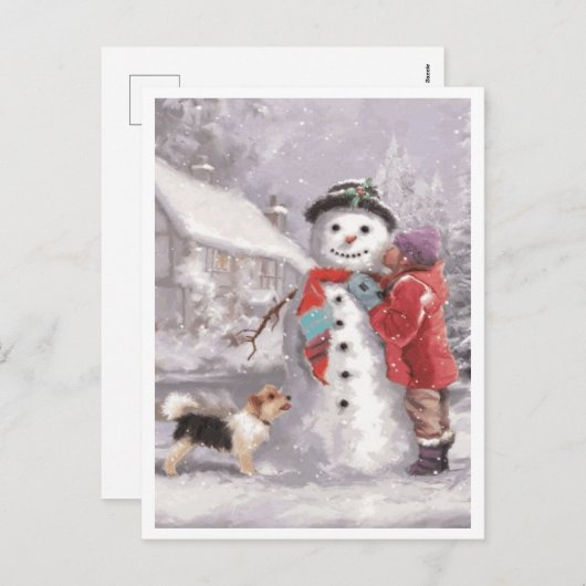 冬のクリスマスの雪だるまにキスする シーズンポストカード (正面/裏面)