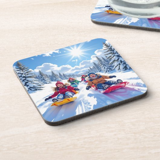 冬のクリスマスを過ごす子供たち コースター (左側)