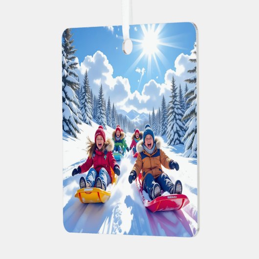 冬のクリスマスを過ごす子供たち メタルオーナメント (正面左)