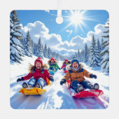 冬のクリスマスを過ごす子供たち メタルオーナメント (正面)