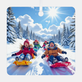 冬のクリスマスを過ごす子供たち メタルオーナメント