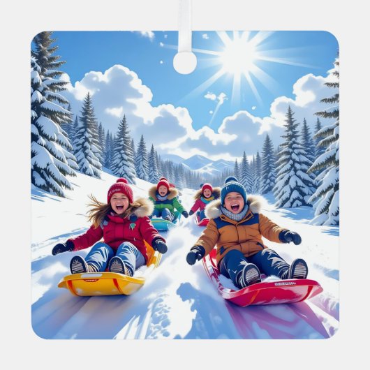 冬のクリスマスを過ごす子供たち メタルオーナメント (正面)