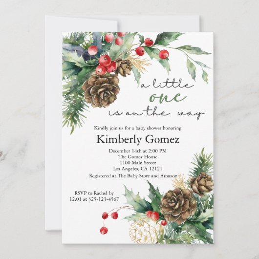 冬のクリスマスエバーグリーンベビーシャワー 招待状 (正面)