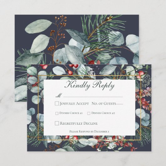 冬のクリスマスグリーン結婚リー海軍 出欠カード (正面/裏面)