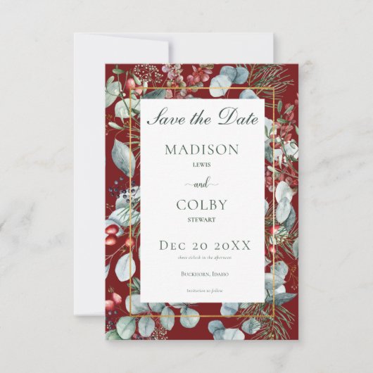 冬のクリスマスグリーン結婚リー赤 セーブザデート (正面)