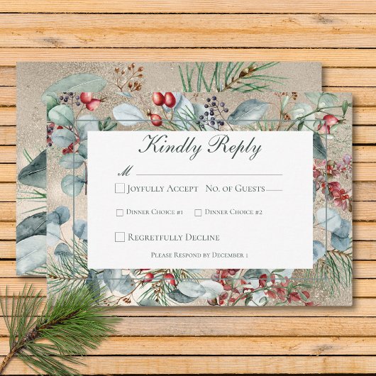冬のクリスマスグリーン結婚リー金ゴールドの2ディナー 出欠カード