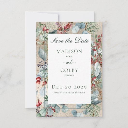 冬のクリスマスグリーン結婚金ゴールド セーブザデート (正面)