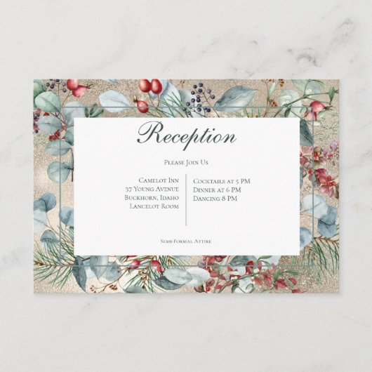 冬のクリスマスグリーン金ゴールド結婚披露宴 エンクロージャーカード (正面)