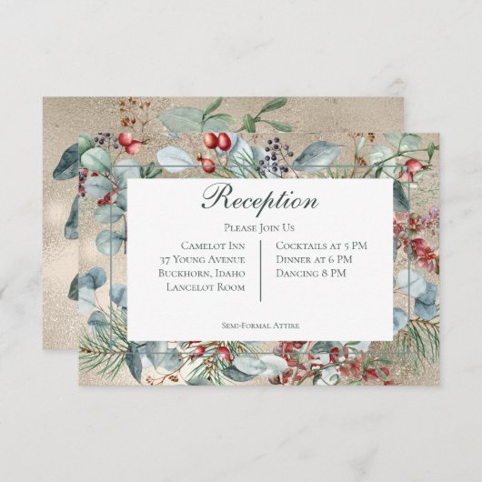 冬のクリスマスグリーン金ゴールド結婚披露宴 エンクロージャーカード (正面/裏面)