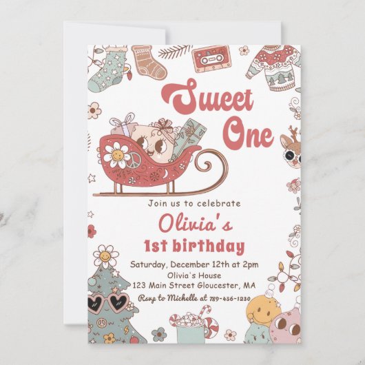 冬のクリスマスグルービースウィートワンの誕生日 招待状 (正面)