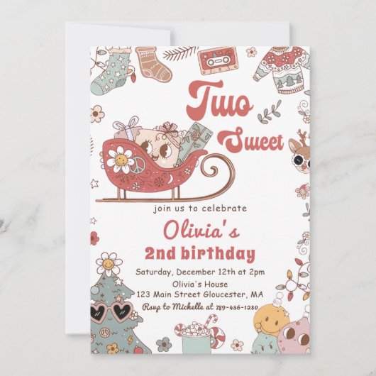 冬のクリスマスグルービー2つの甘い2番目の誕生日 招待状 (正面)