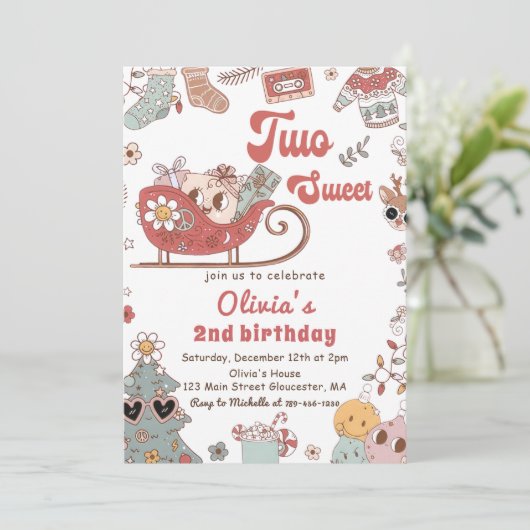 冬のクリスマスグルービー2つの甘い2番目の誕生日 招待状 (スタンド正面)