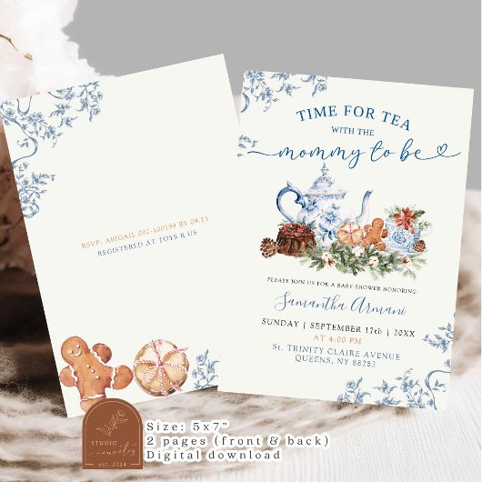 冬のクリスマスシノワズリーベビーシャワーティーパーティー 招待状