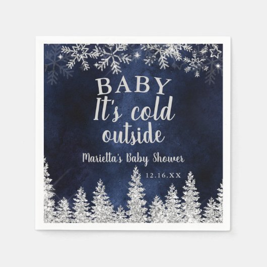 冬のクリスマスシルバー雪の松の海軍の赤ちゃんシャワー スタンダードカクテルナプキン (正面)
