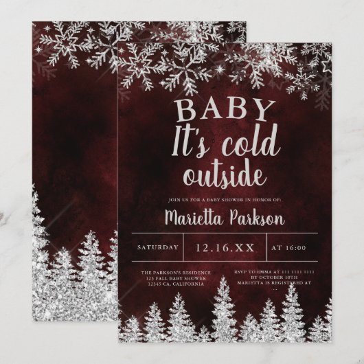 冬のクリスマスシルバー雪の松の赤い赤ちゃんシャワー 招待状 (正面/裏面)