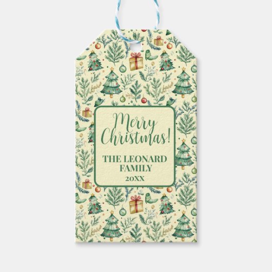 冬のクリスマスシーンの木、贈り物とオーナメント ギフトタグ (正面)