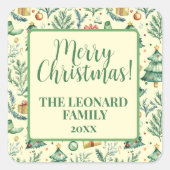 冬のクリスマスシーンの木、贈り物とオーナメント スクエアシール (正面)