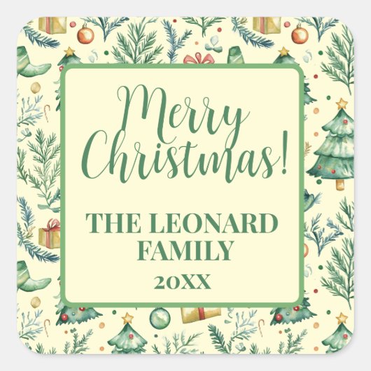 冬のクリスマスシーンの木、贈り物とオーナメント スクエアシール (正面)