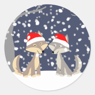 冬のクリスマスステッカーに2匹のオオカミ ラウンドシール