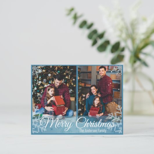 冬のクリスマススノーフレーク青いフレーム2写真 シーズンポストカード (スタンド正面)