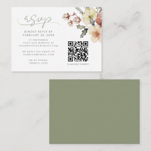 冬のクリスマスセージ緑QRコードウェディングRSVP エンクロージャーカード (正面/裏面)