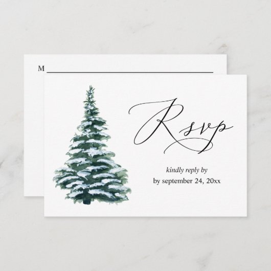 冬のクリスマスツリーの緑と食事RSVP 出欠カード (正面/裏面)