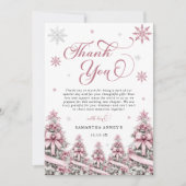 冬のクリスマスツリーススノーフレークピンク赤ちゃんシャワー サンキューカード (正面)