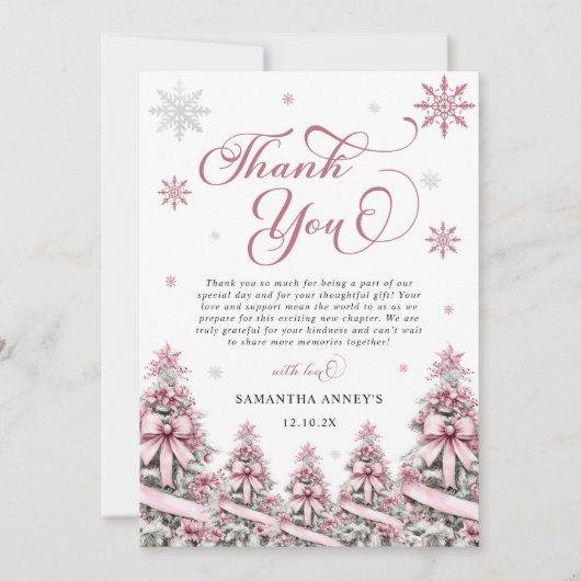 冬のクリスマスツリーススノーフレークピンク赤ちゃんシャワー サンキューカード (正面)