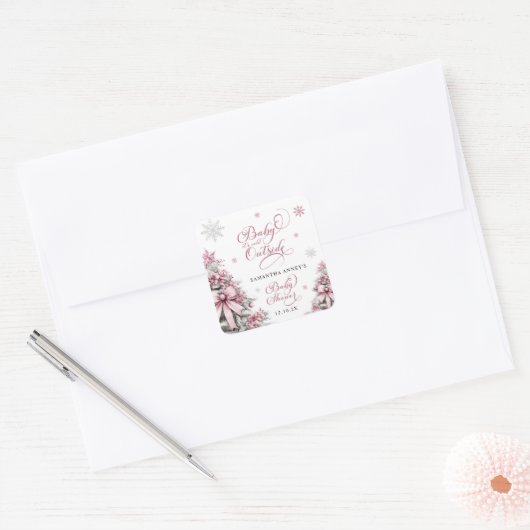 冬のクリスマスツリーススノーフレークピンク赤ちゃんシャワー スクエアシール (封筒)