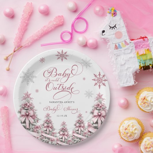 冬のクリスマスツリーススノーフレークピンク赤ちゃんシャワー ペーパープレート (パーティー)