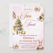 冬のクリスマスツリーピンク2つの甘い2番目の誕生日 招待状 (正面)