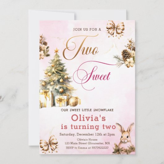 冬のクリスマスツリーピンク2つの甘い2番目の誕生日 招待状 (正面)