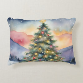 冬のクリスマスツリー 雪景色の夕焼け アクセントクッション