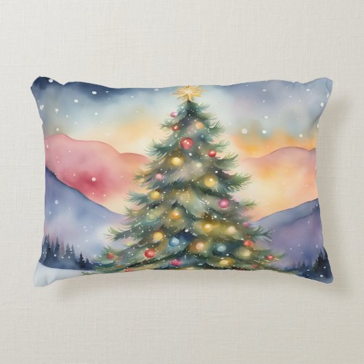 冬のクリスマスツリー 雪景色の夕焼け アクセントクッション (正面)