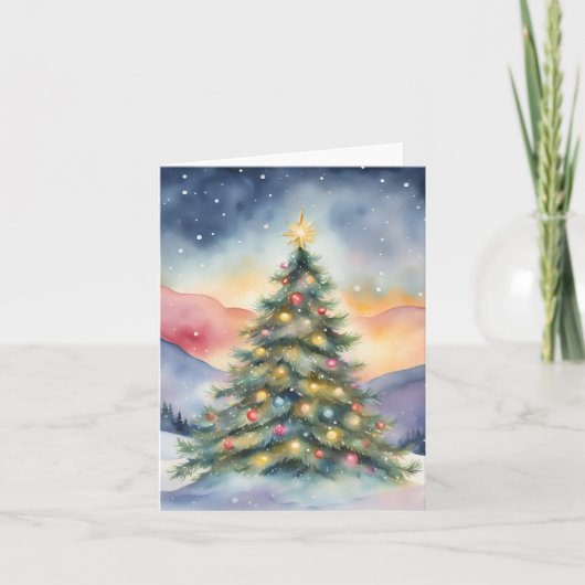 冬のクリスマスツリー 雪景色の夕焼け カード (正面)