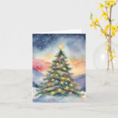 冬のクリスマスツリー 雪景色の夕焼け カード (黄色い花)