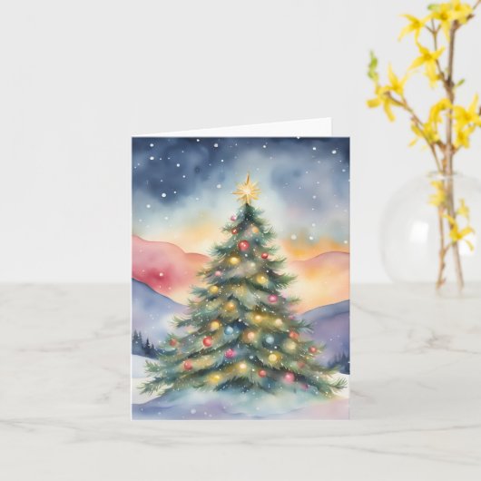 冬のクリスマスツリー 雪景色の夕焼け カード (黄色い花)