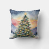 冬のクリスマスツリー 雪景色の夕焼け クッション (裏面)