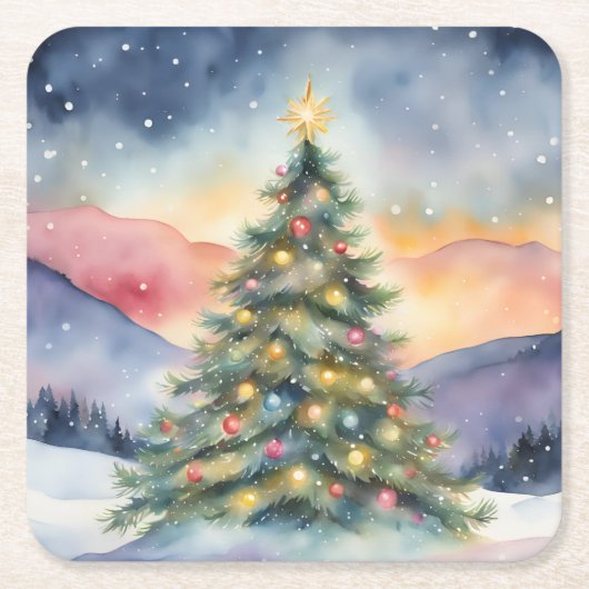 冬のクリスマスツリー 雪景色の夕焼け スクエアペーパーコースター (正面)