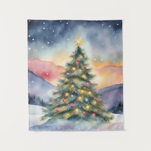 冬のクリスマスツリー 雪景色の夕焼け タペストリー (正面)